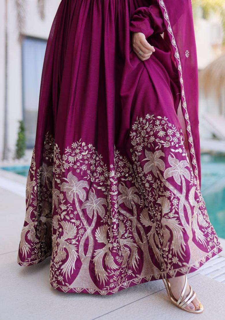 Wine Sequin Work Silk Gown With Dupatta - Indya