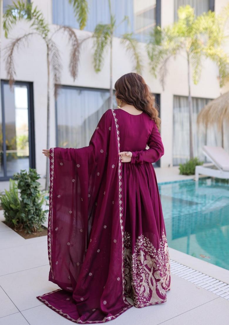 Wine Sequin Work Silk Gown With Dupatta - Indya