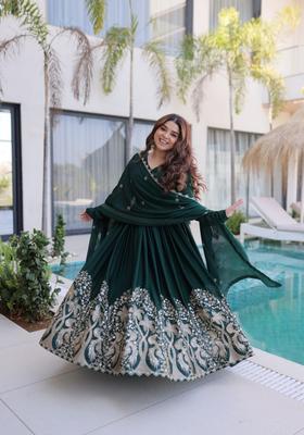 Green Sequin Work Silk Gown With Dupatta