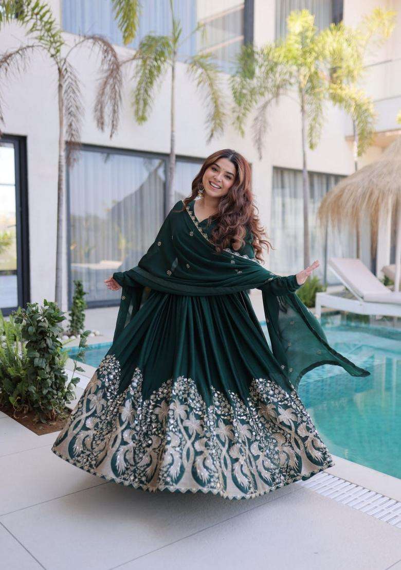 Green Sequin Work Silk Gown With Dupatta - Indya