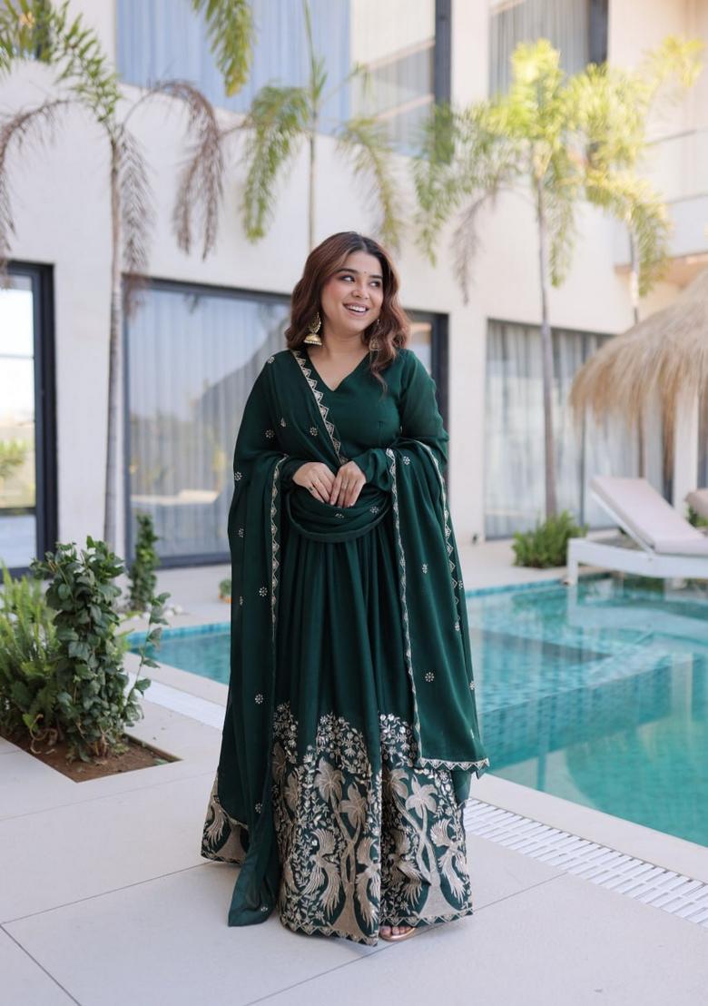 Green Sequin Work Silk Gown With Dupatta - Indya