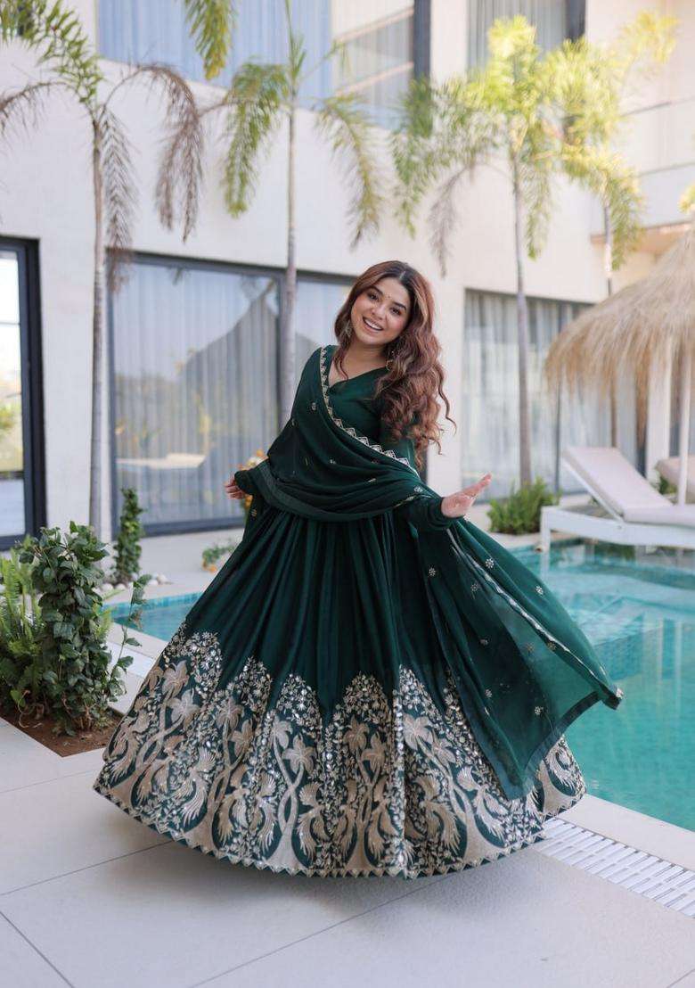 Green Sequin Work Silk Gown With Dupatta - Indya