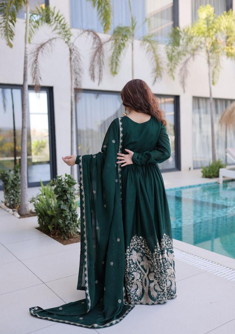 Green Sequin Work Silk Gown With Dupatta - Indya