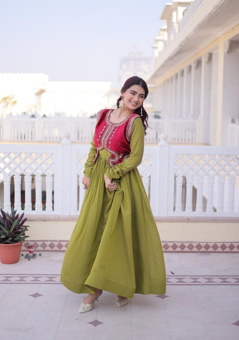 Mehendi Sequin Work Silk Gown With Koti - Indya