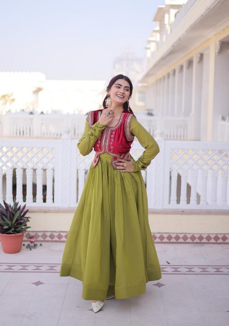 Mehendi Sequin Work Silk Gown With Koti - Indya