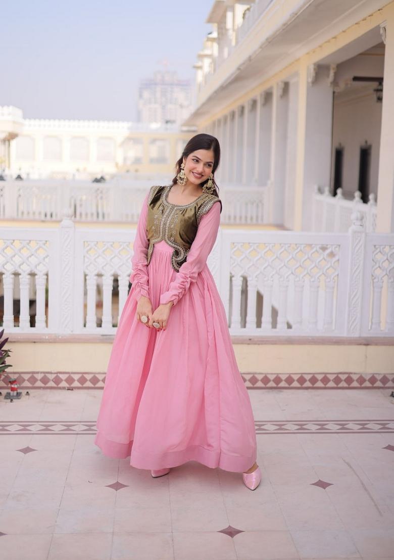 Pink Sequin Work Silk Gown With Koti - Indya