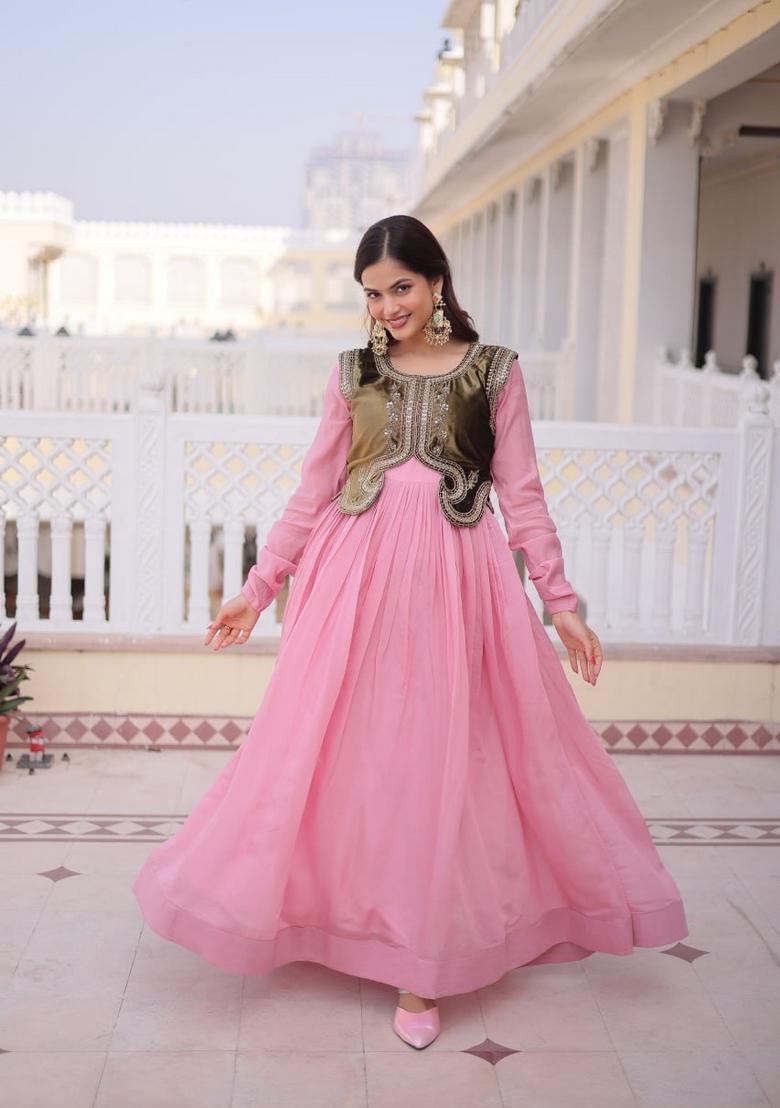 Pink Sequin Work Silk Gown With Koti - Indya