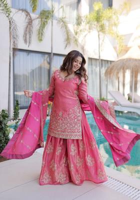 Peach Sequin Work Silk Kurta Set