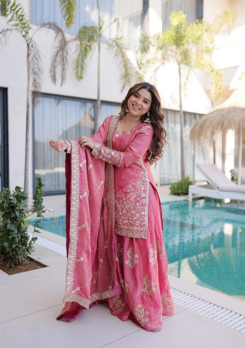 Peach Sequin Work Silk Kurta Set - Indya