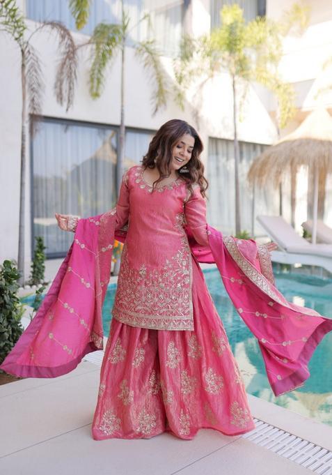 Peach Sequin Work Silk Kurta Set