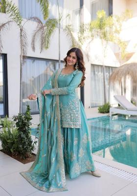 Sky Blue Sequin Work Silk Kurta Set