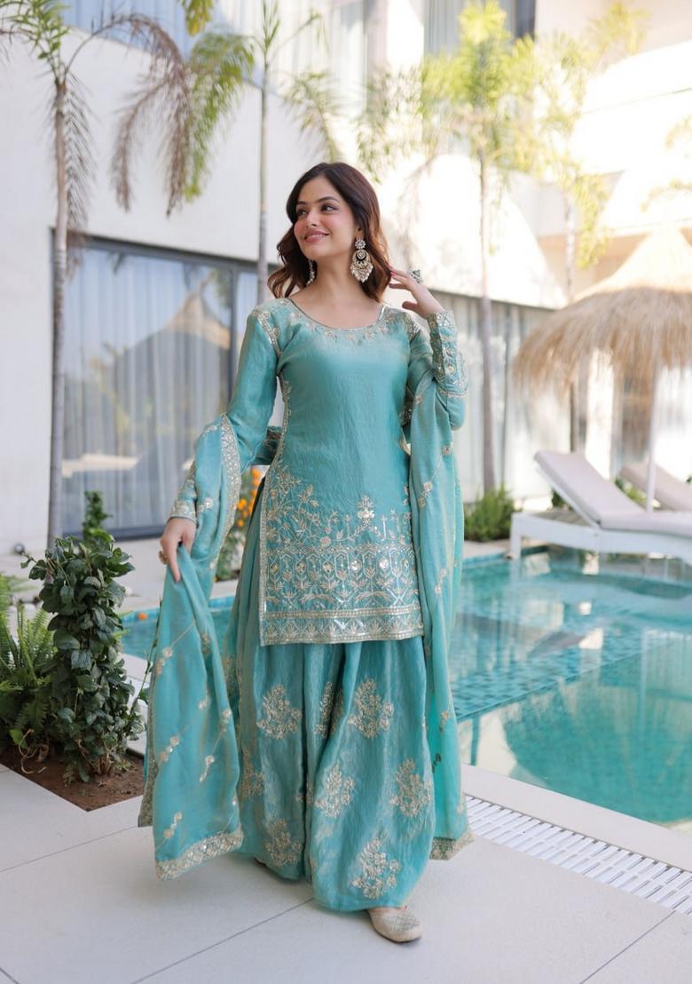 Sky Blue Sequin Work Silk Kurta Set - Indya