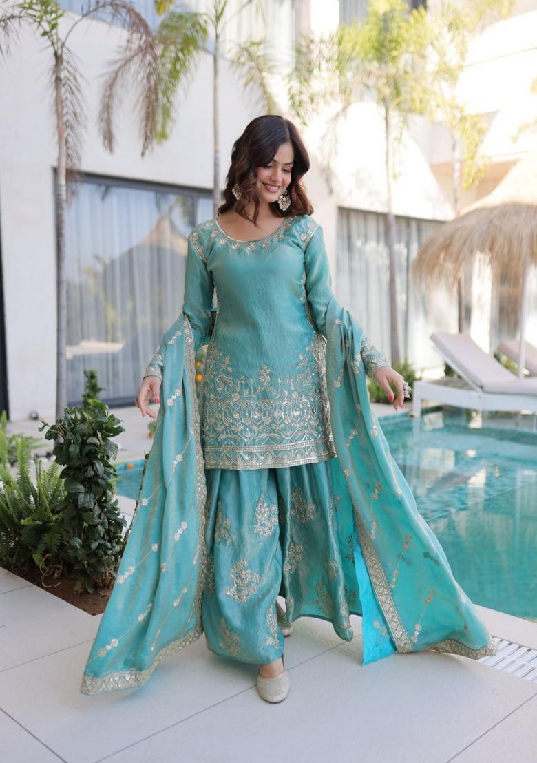 Sky Blue Sequin Work Silk Kurta Set - Indya