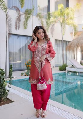 Peach Sequin Work Viscose Kurta Set