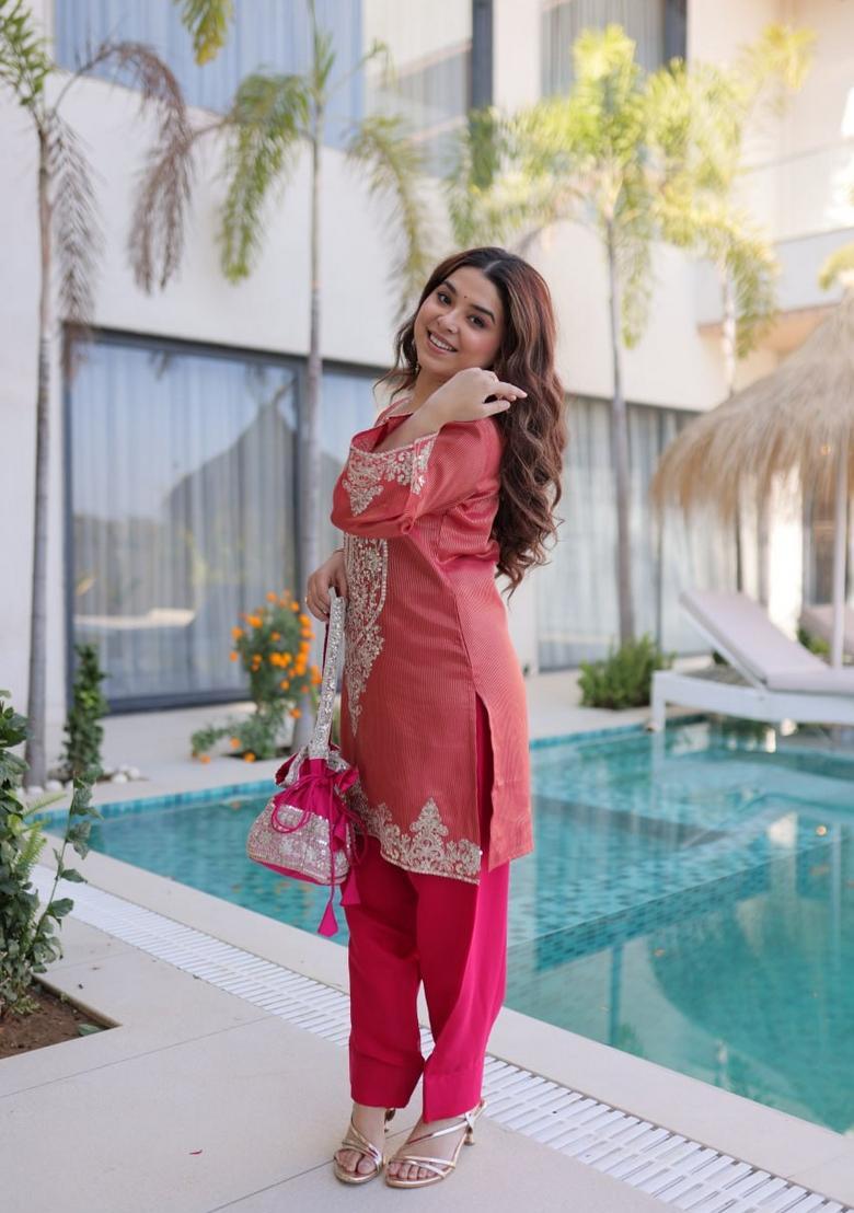Peach Sequin Work Viscose Kurta Set - Indya