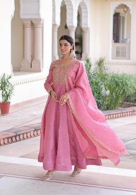 Pink Sequin Work Silk Gown With Dupatta