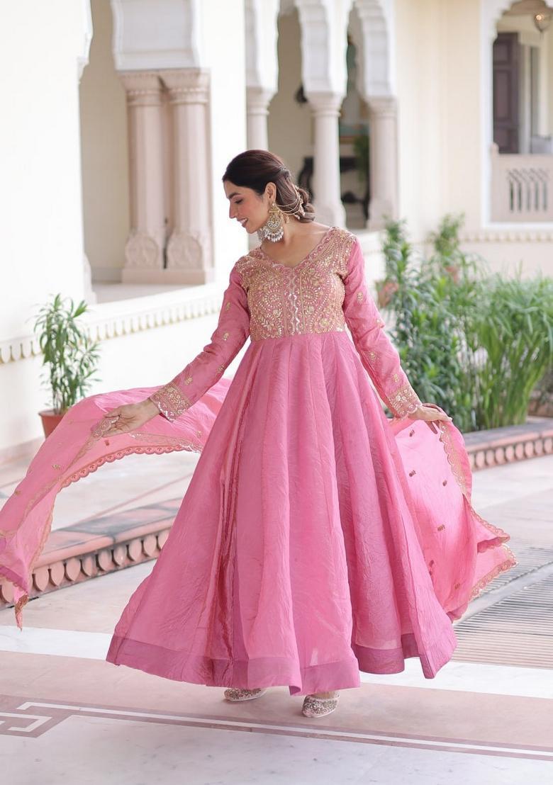 Pink Sequin Work Silk Gown With Dupatta - Indya