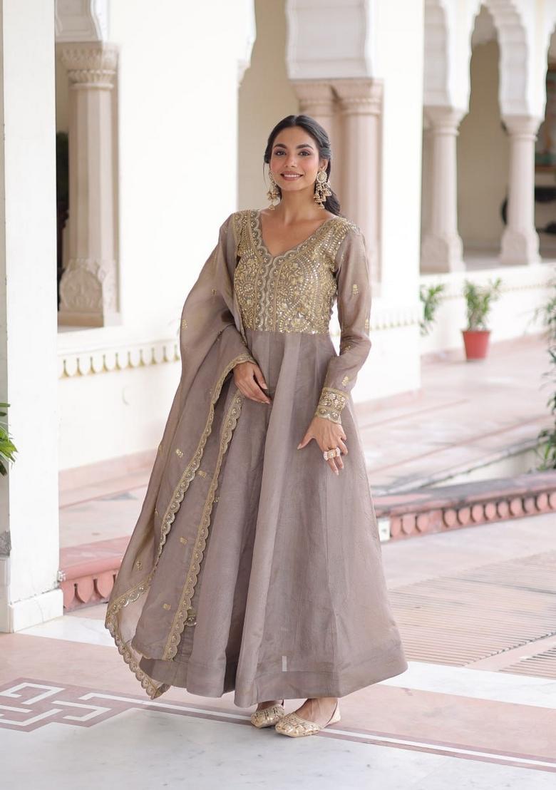 Brown Sequin Work Silk Gown With Dupatta - Indya