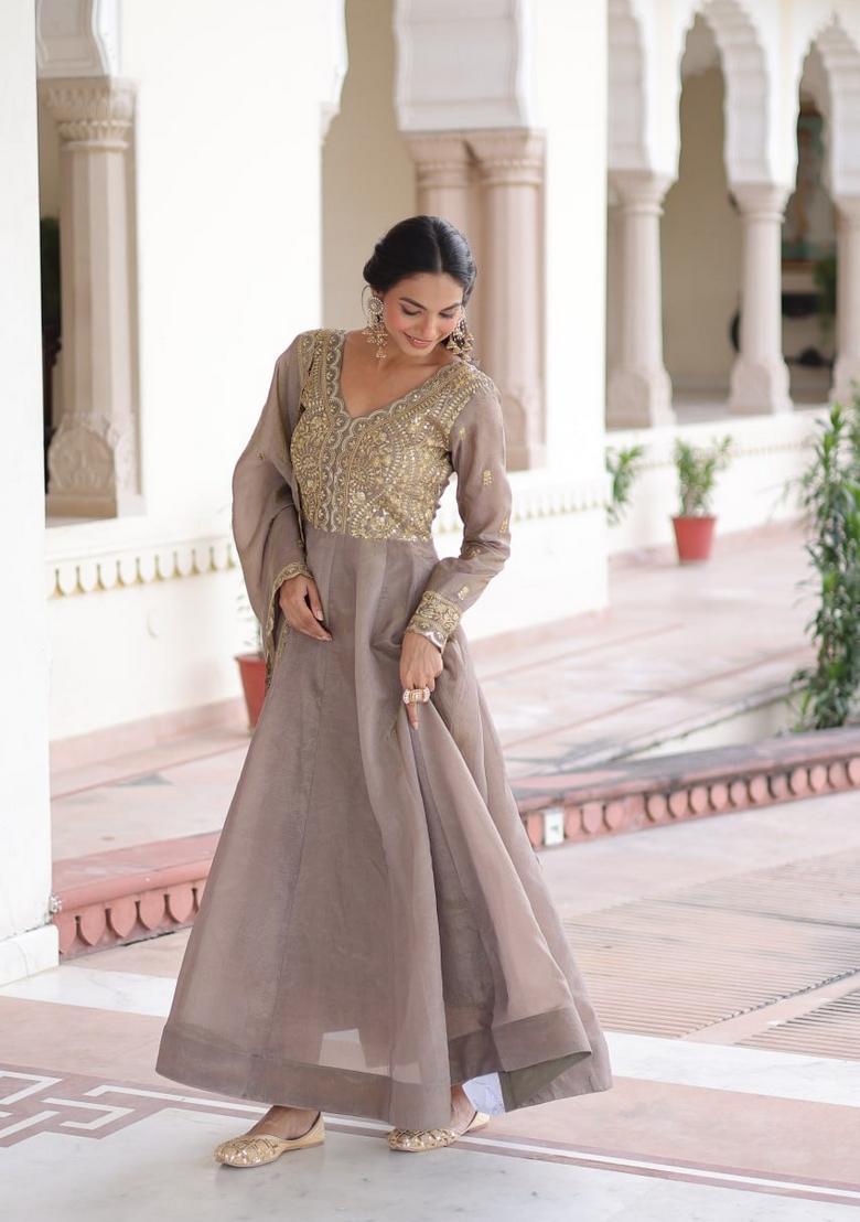 Brown Sequin Work Silk Gown With Dupatta - Indya