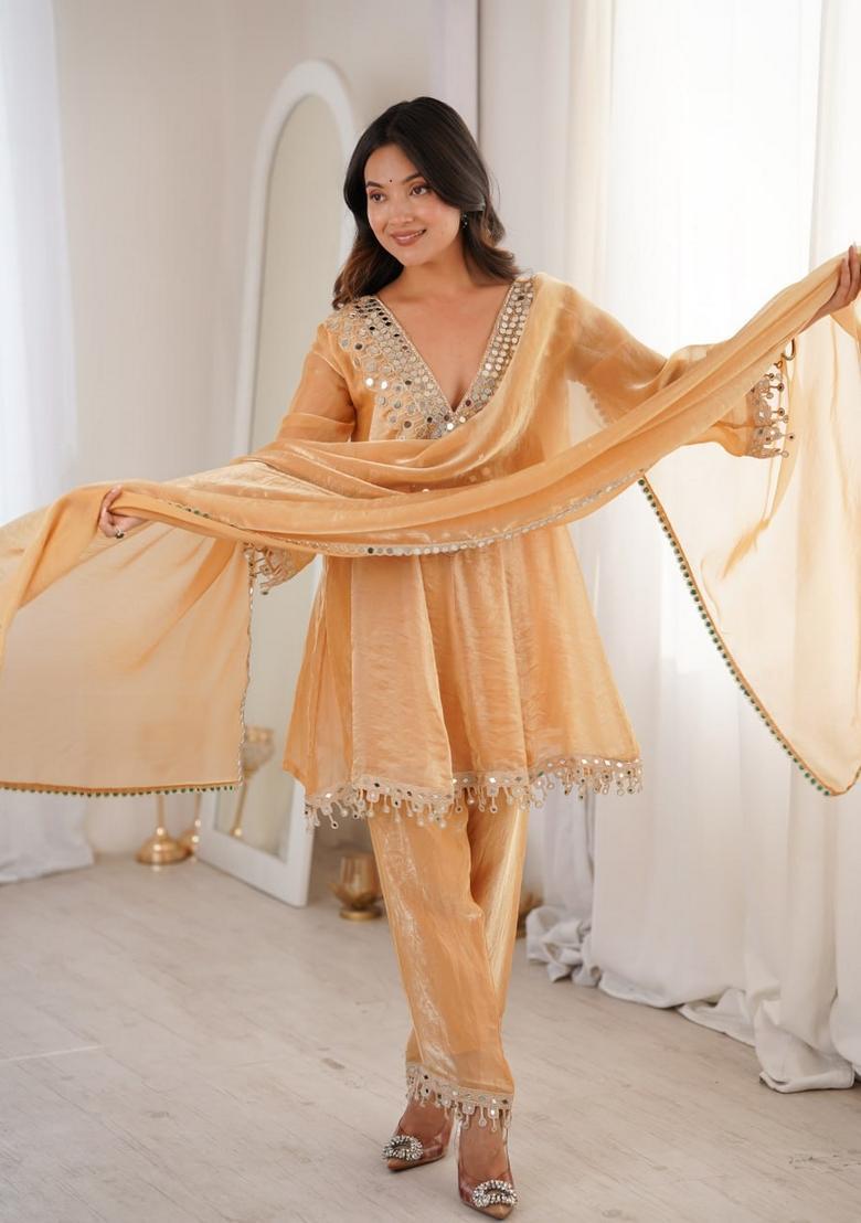 Beige Mirror Work Silk Kurta Set - Indya