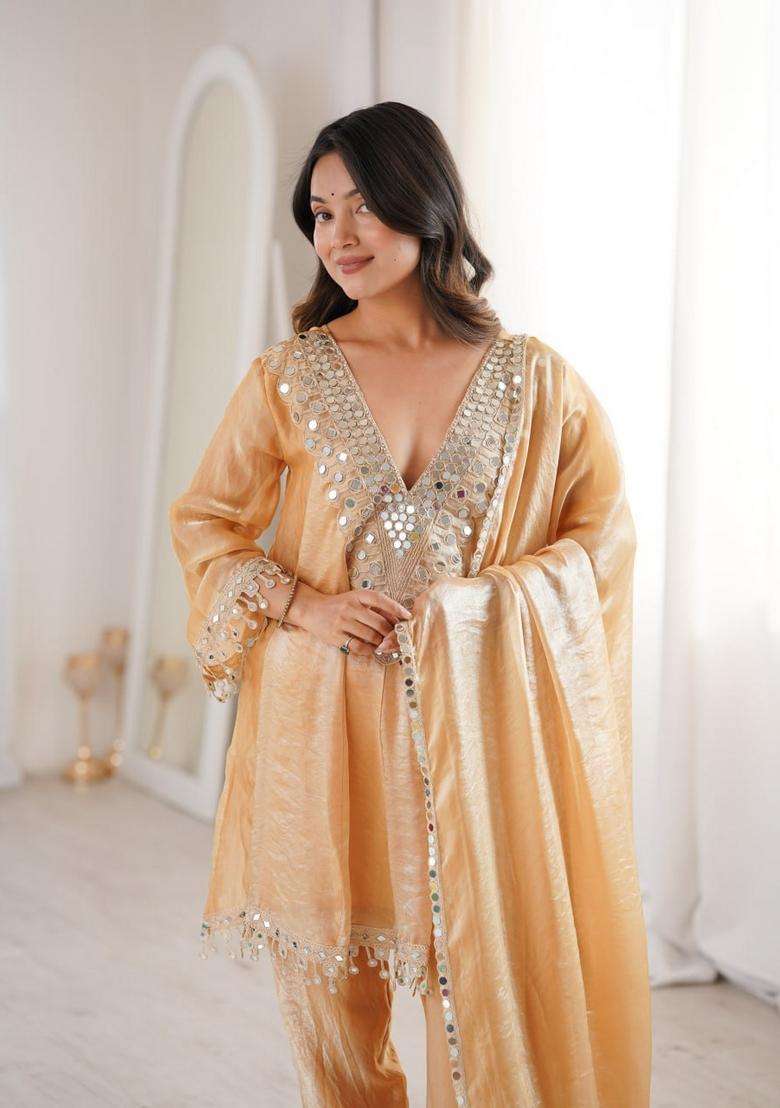 Beige Mirror Work Silk Kurta Set - Indya