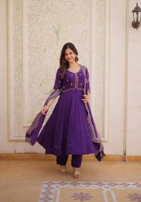 Purple Beads Work Silk Kurta Set