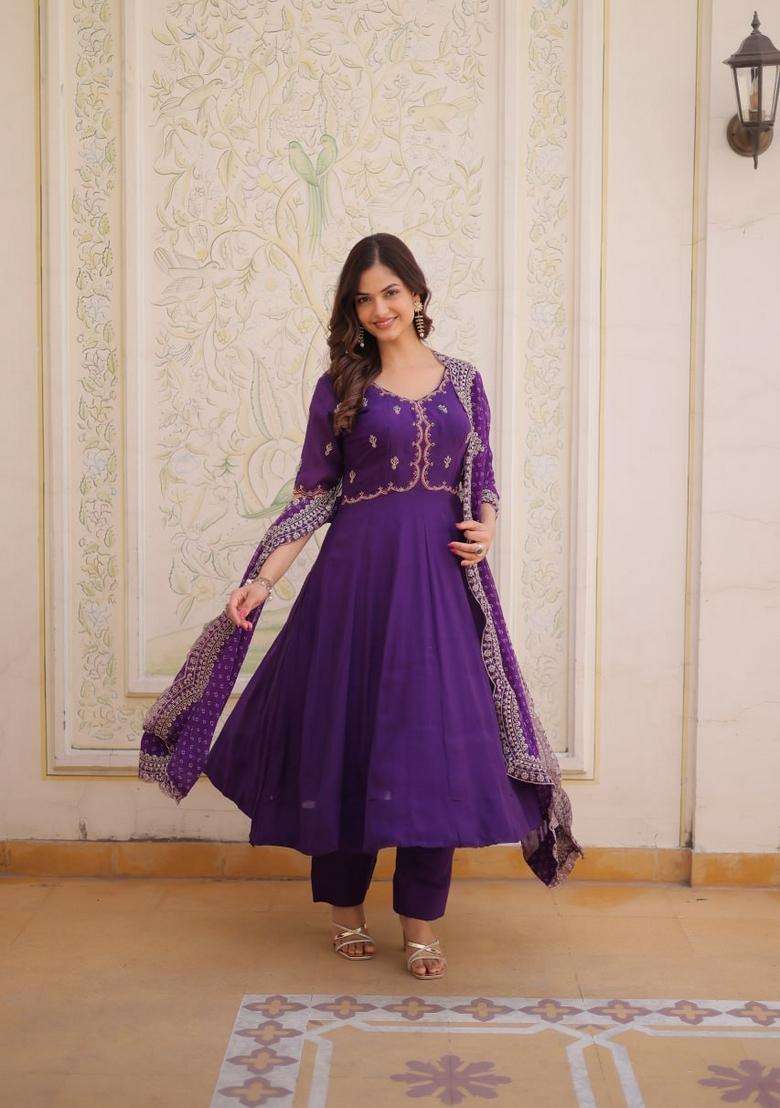 Purple Beads Work Silk Kurta Set - Indya