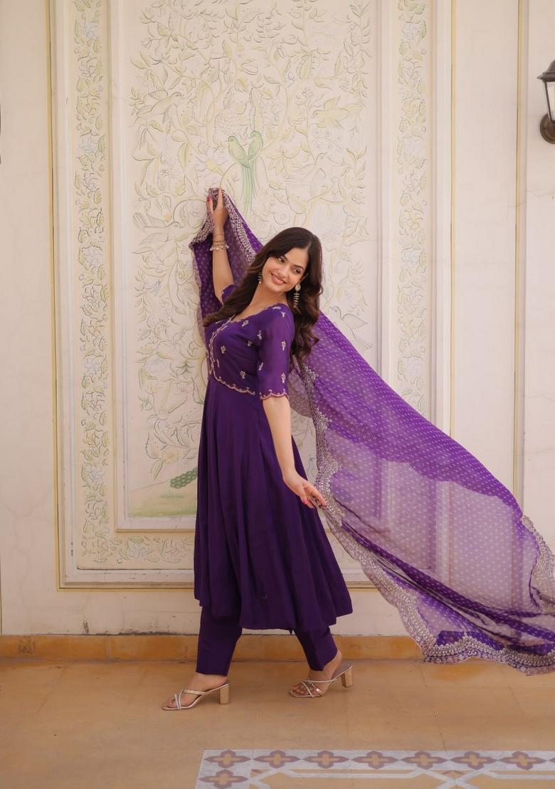 Purple Beads Work Silk Kurta Set - Indya