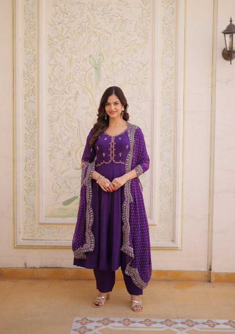Purple Beads Work Silk Kurta Set - Indya