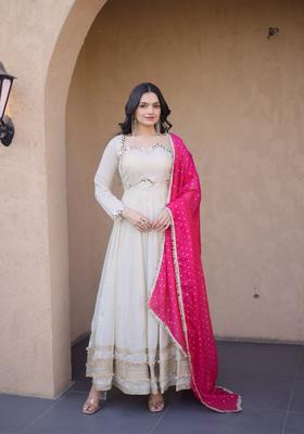 Pink Mirror Work Silk Gown With Dupatta