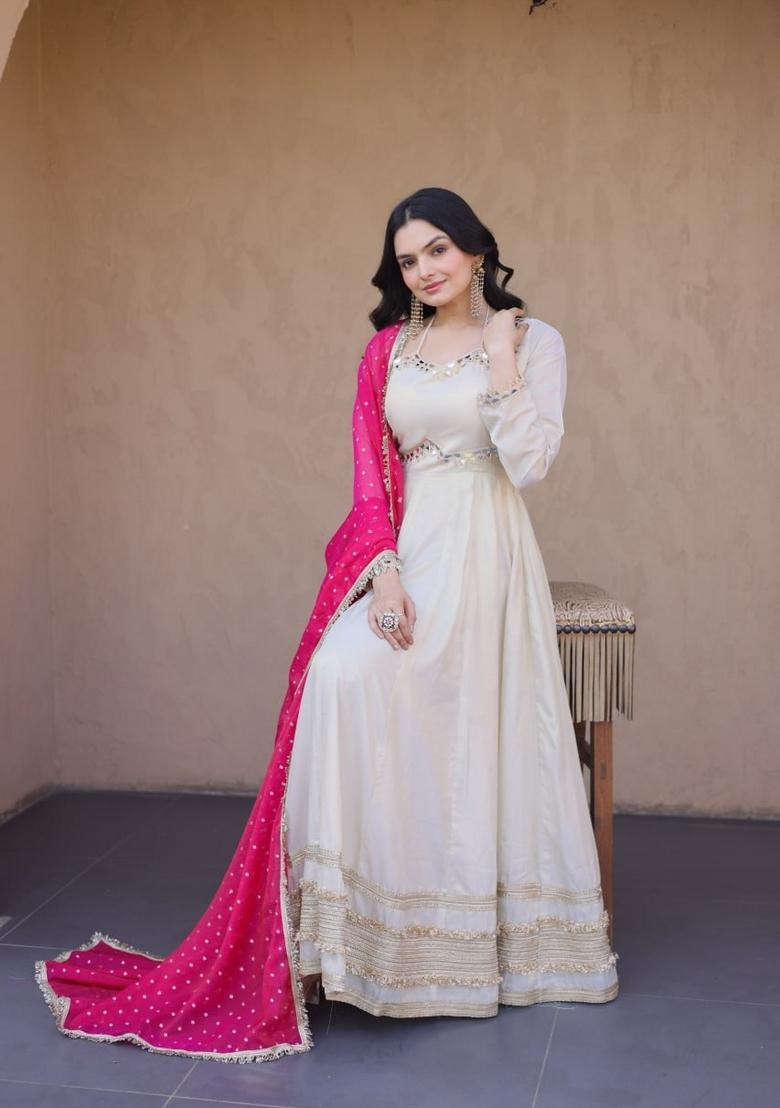 Pink Mirror Work Silk Gown With Dupatta - Indya