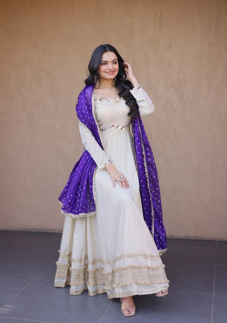 Purple Mirror Work Silk Gown With Dupatta - Indya