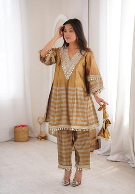Golden Mirror Work Tissue Kurta Set