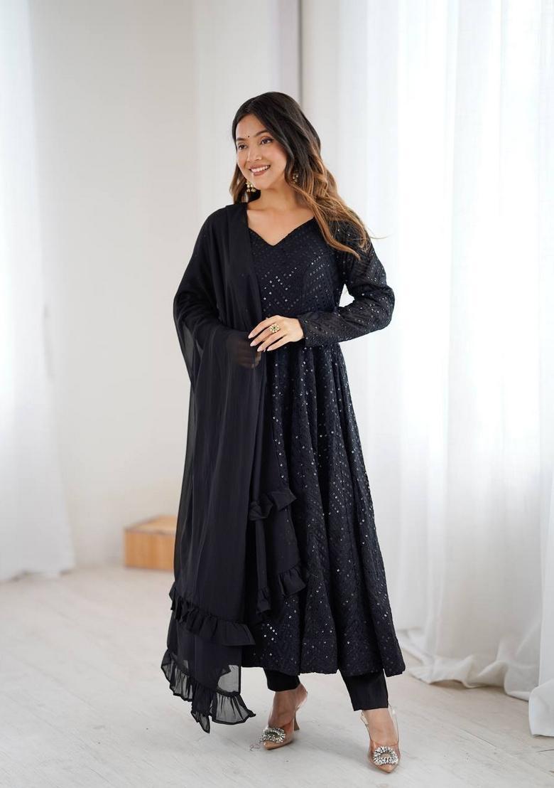 Black Sequin Work Georgette Kurta Set - Indya