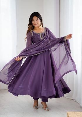 Purple Sequin Work Georgette Kurta Set