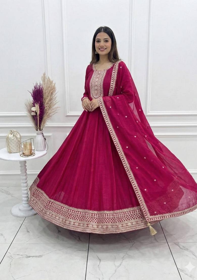 Rani Pink Sequin Work Silk Anarkali With Dupatta - Indya