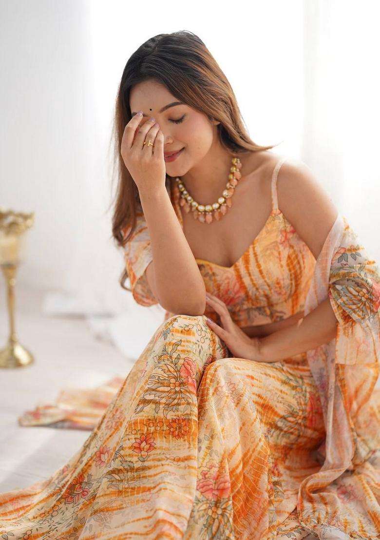 Yellow Floral Print Georgette Palazzo Set - Indya