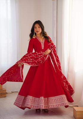 Red Sequin Work Silk Anarkali With Dupatta