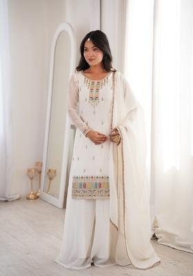 White Sequin Work Silk Kurta Set