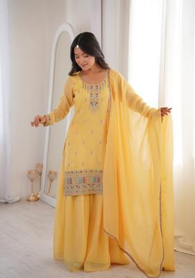 Yellow Sequin Work Silk Kurta Set