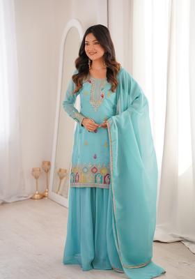 Sky Blue Sequin Work Silk Kurta Set
