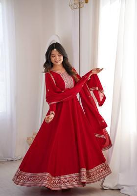 Red Sequin Work Silk Anarkali With Dupatta