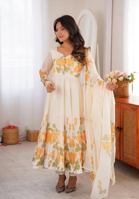 Off White Floral Print Silk Kurta Set
