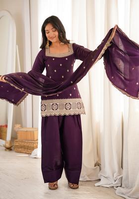 Wine Sequin Work Silk Kurta Set