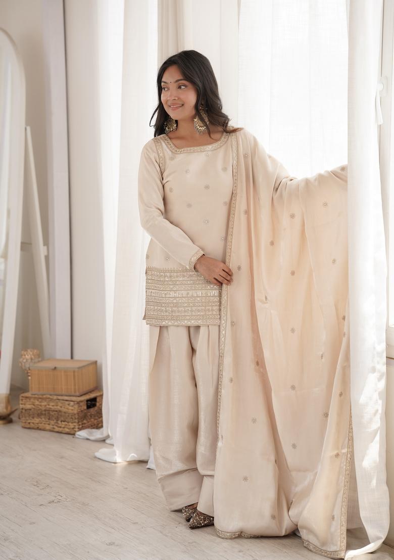 Off White Sequin Work Silk Kurta Set - Indya