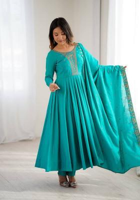 Teal Beads Work Silk Kurta Set