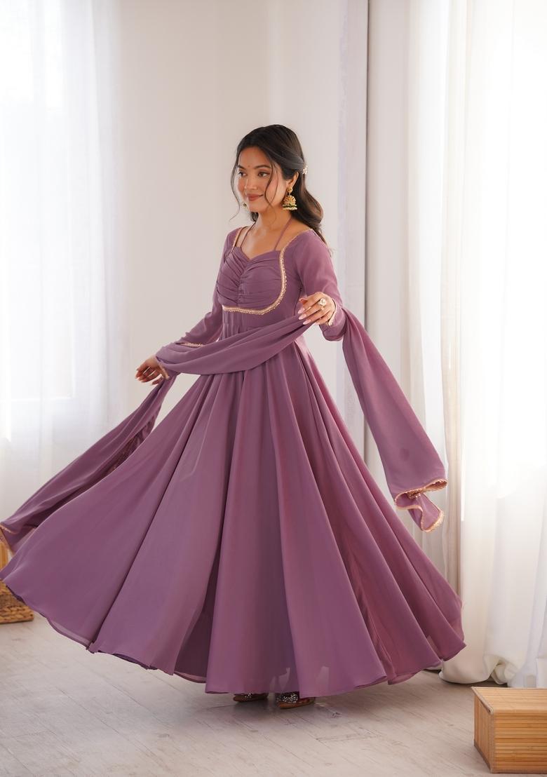 Pink Kota Doria Georgette Gown With Dupatta - Indya