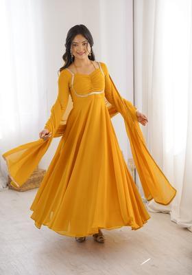 Yellow Kota Doria Georgette Gown With Dupatta
