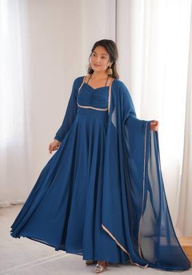 Teal Blue Georgette Gown With Dupatta