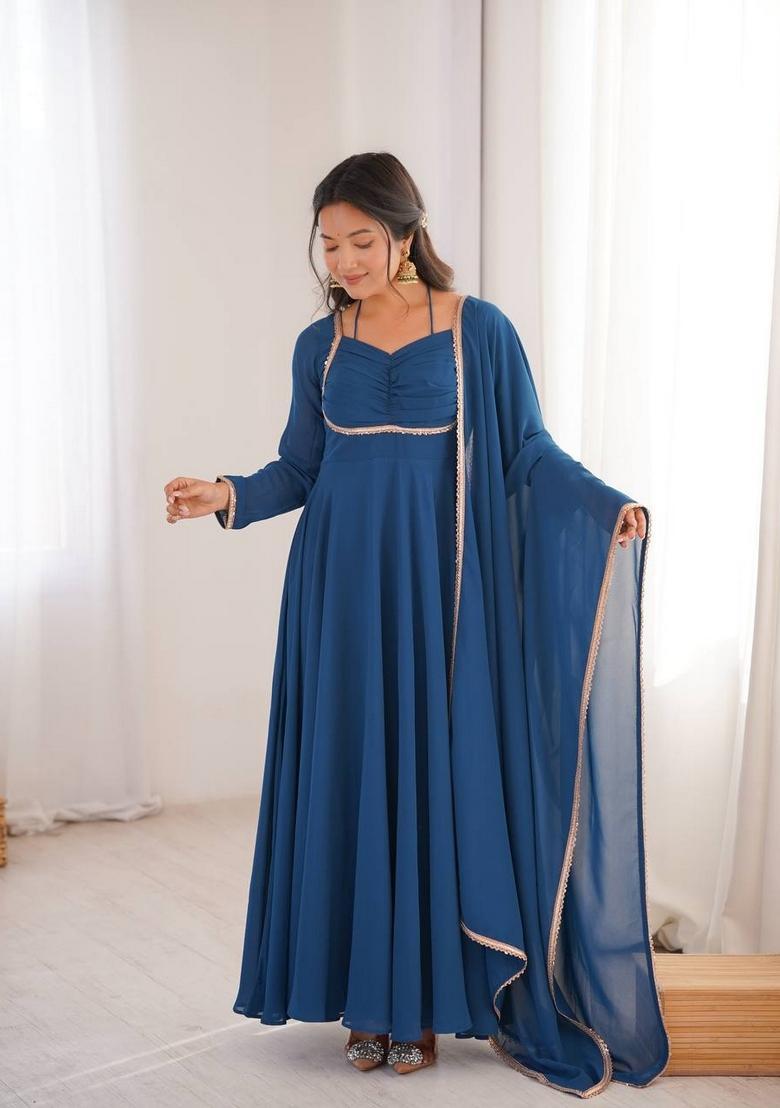 Teal Blue Georgette Gown With Dupatta - Indya